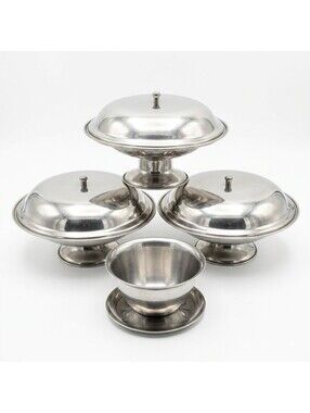 Vintage JR 18-8 Stainless Steel Covered Pedestal Dishes & Bowl Set Korea
